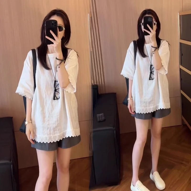 夏天一整套时尚蕾丝拼接短袖上衣阔腿短裤超火小众不撞款休闲套装