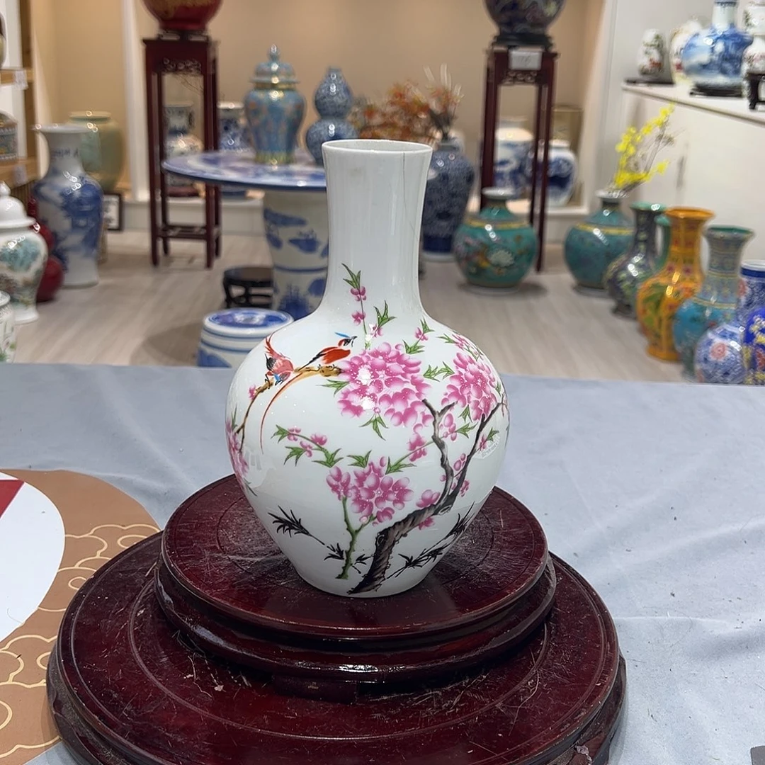 陶摆件22cm鸟语花香天球瓶