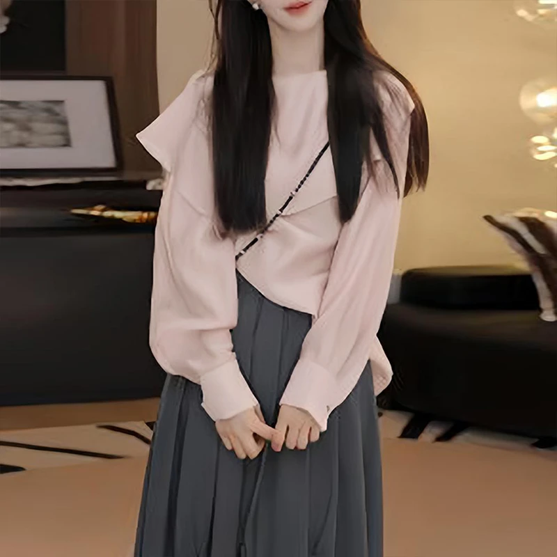 法式温柔风不规则长袖衬衫女2025春秋新款宽松显瘦气质百搭上衣潮