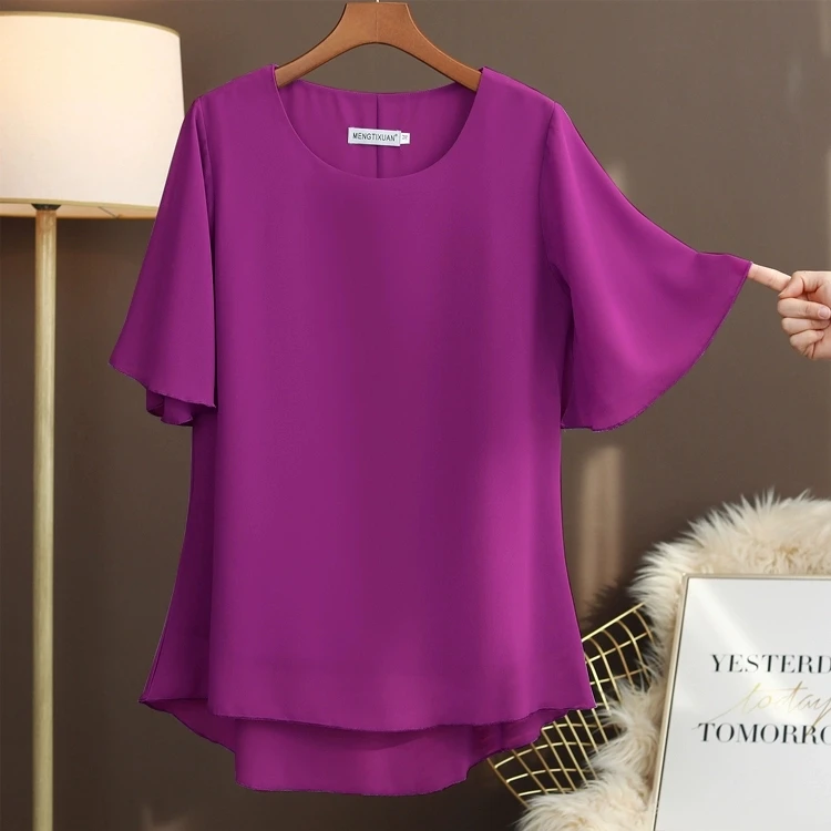 娇韵娅短袖圆领宽松常规款洋气气质百搭宽松型雪纺衫遮肚子打底衫