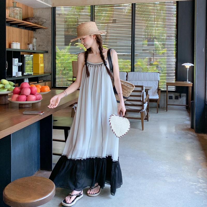 海边度假轻奢高级感领口流苏亚克力吊钟吊带裙
