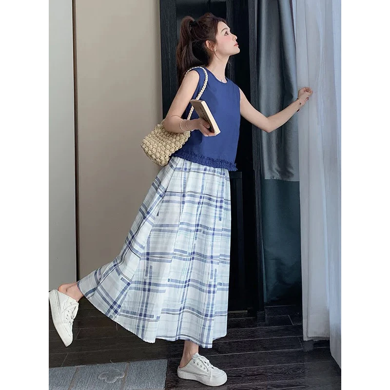 无印心匠D25210 时尚套装纯色背心+格子半身裙 洋气 两件套 K638