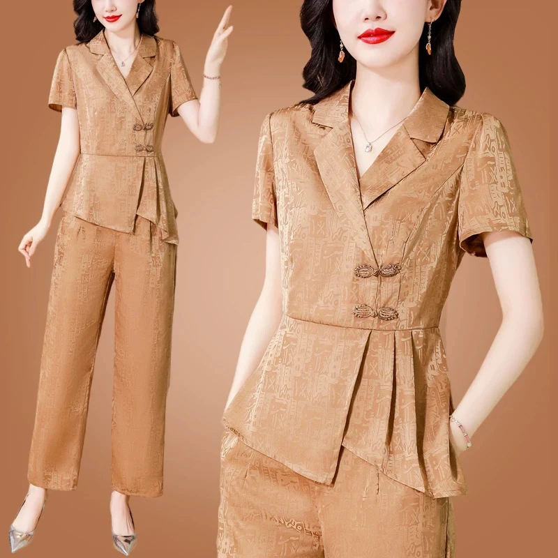 E828 领短袖上衣阔腿裤两件套女夏季高端提花时髦套装