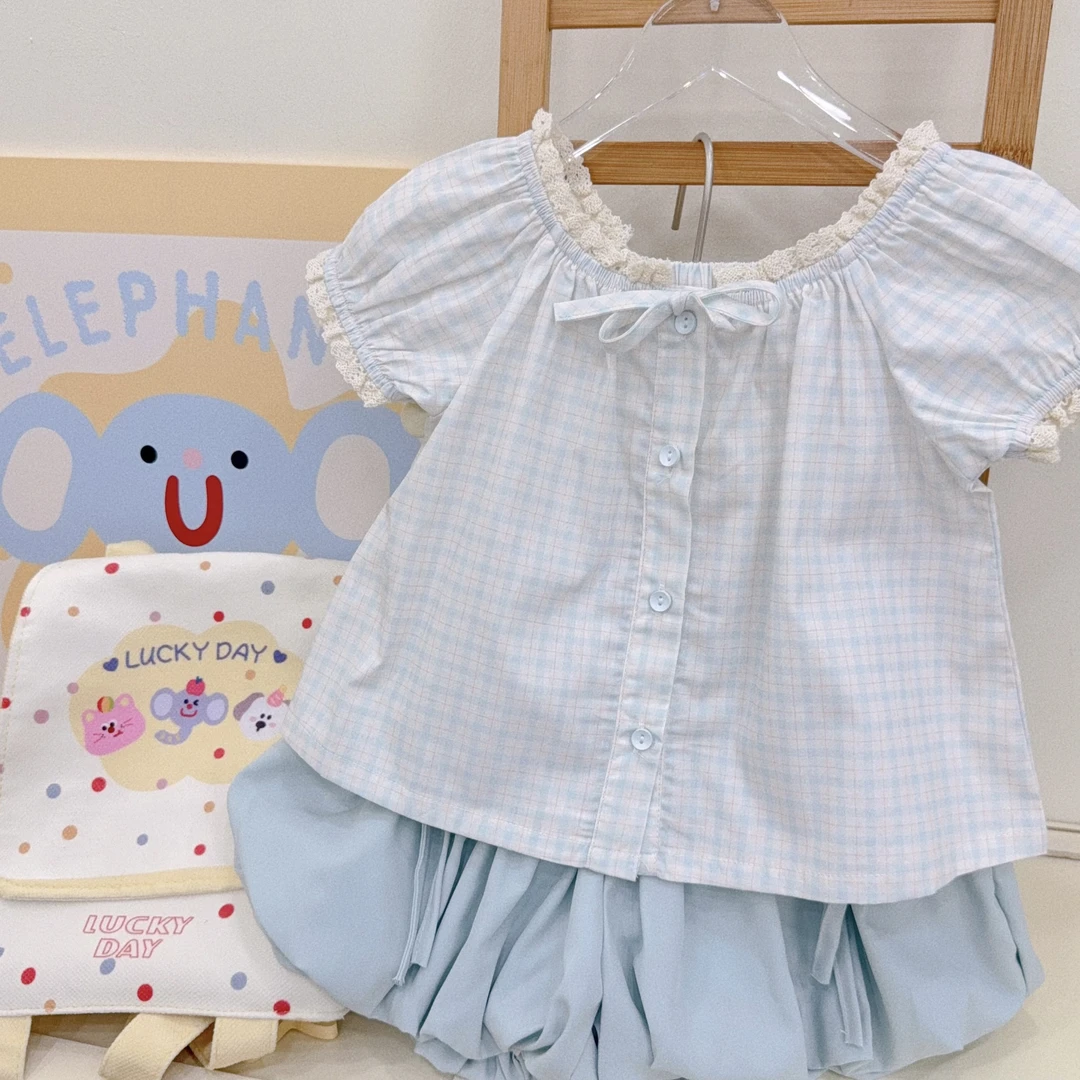 【XTL】2025新夏蓝色格子娃娃衫花苞裤套装807