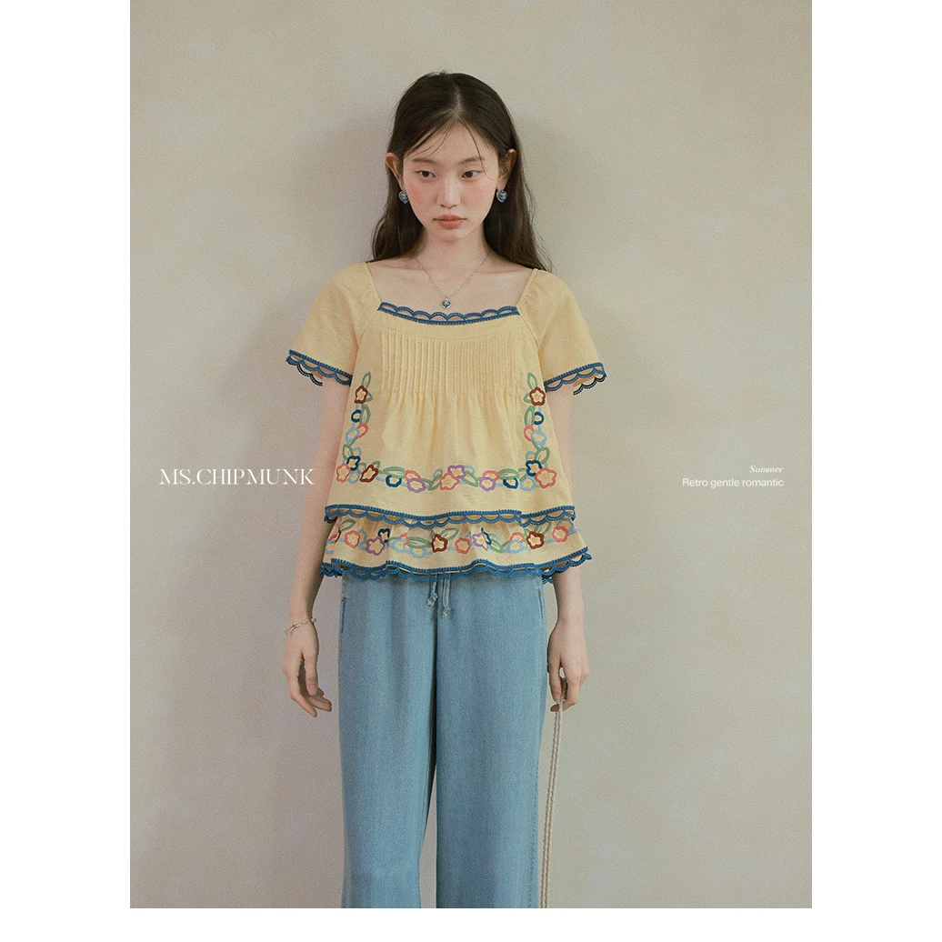 新品【花间来信】重工万针刺绣系列小花短袖 独特小众设计师感