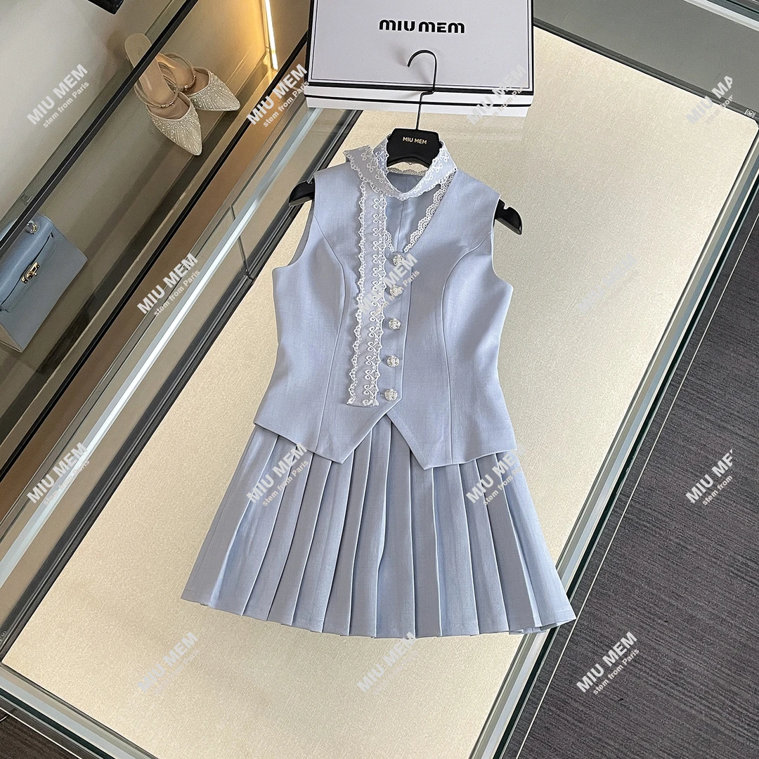 【风旅铃兰】法式甜美温柔蕾丝拼接上衣百褶半裙套装DY6829