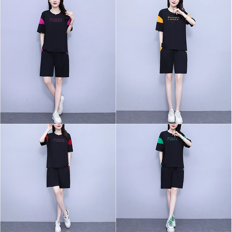 休闲运动套装女2025夏季新款时尚绣花卫衣显瘦大码拼接短裤两件套