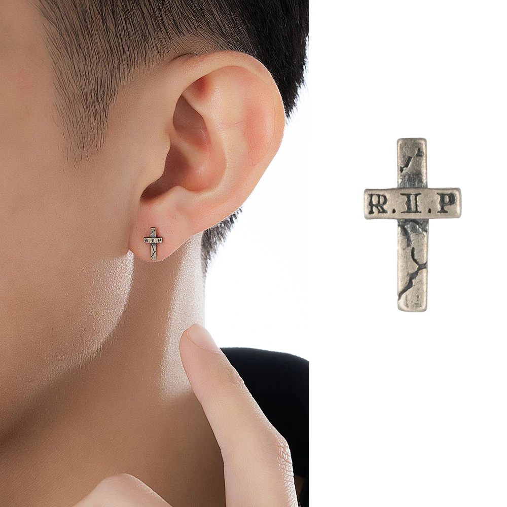 ACITY 925银耳饰 喜城纯银欧美RIP十字架耳钉男女朋克风痞帅耳环