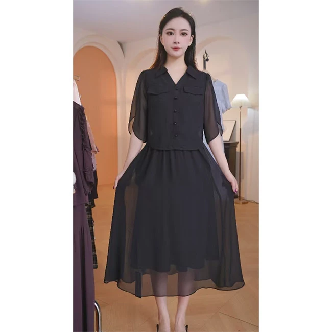 L8703  2025年春夏新款气质时尚假两件宽松遮肉连衣裙中长款