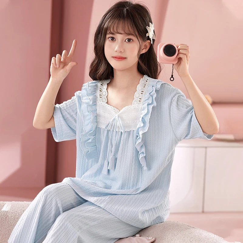 儿童睡衣女童薄款夏季纯棉女孩短袖带胸垫少女防凸点中大童家居服