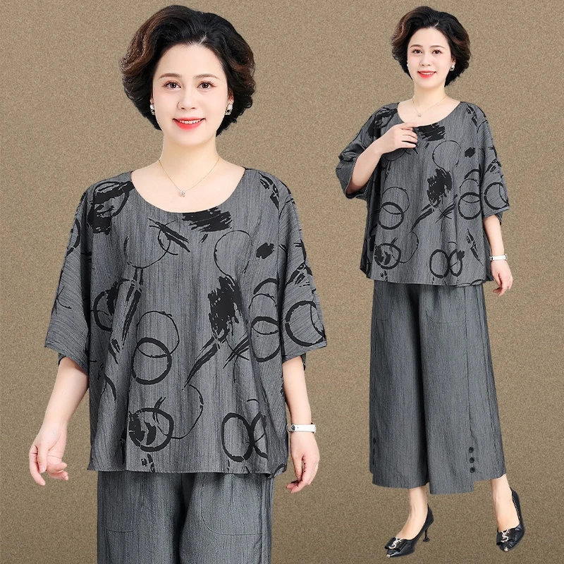 胖妈妈夏装棉麻套装加肥加大码T恤洋气中老年女装夏季七分袖上衣