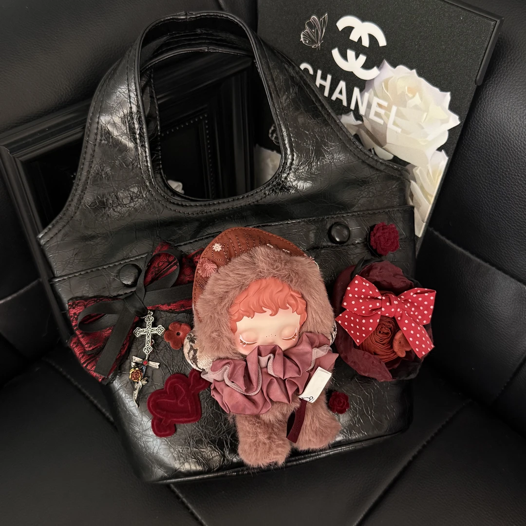 原创手工设计潮玩光织园娃包 韩系轻奢小众设计黑色水桶包