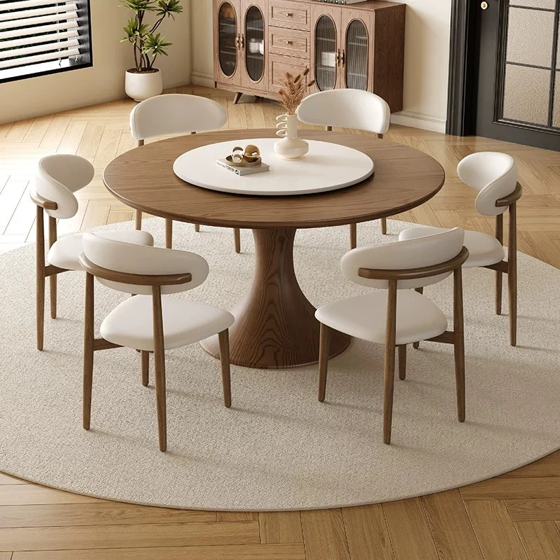 中古风实木餐桌带转盘家用小户型全托高端意式现代简约复古风圆桌