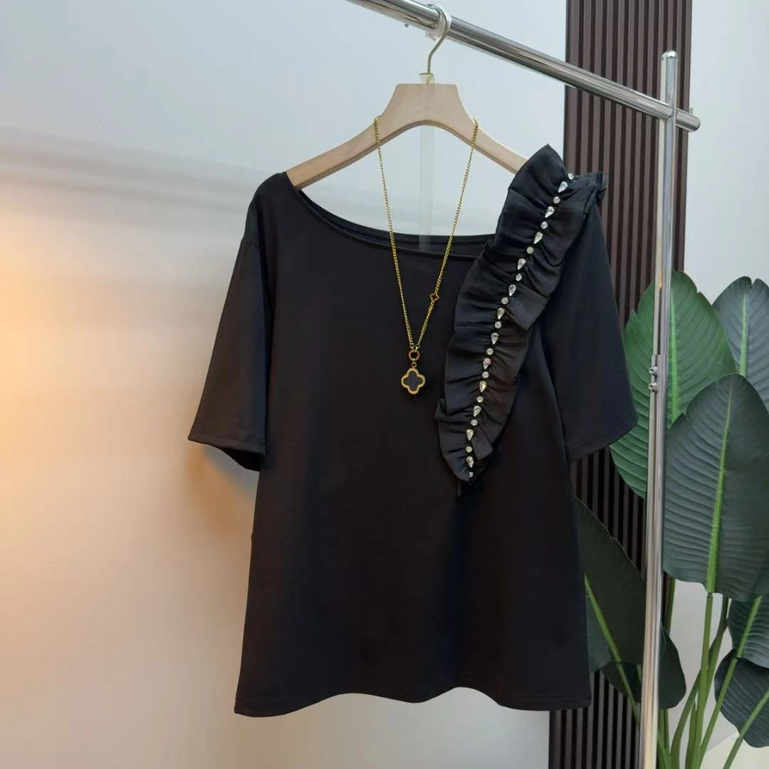 胖mm时尚气质显瘦遮肉百搭5025宽松圆领设计感法式轻奢韩版半袖