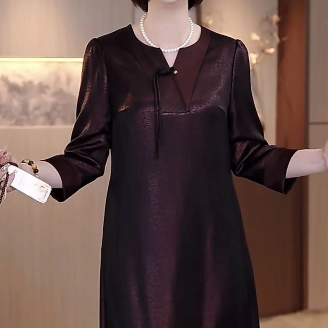 1高档冰丝提花缎新中式洋气国风礼服裙2025夏季新款宽松遮肉显瘦