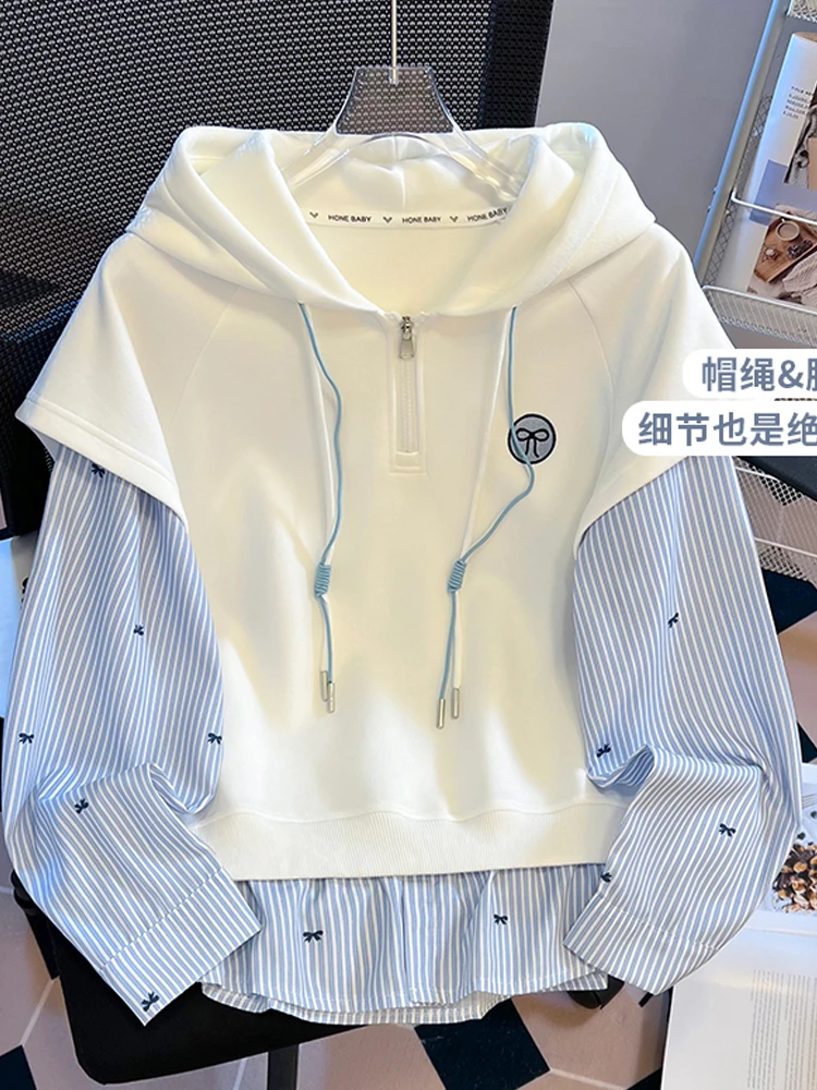 女童拼接长袖卫衣秋装2025新款假两件上衣韩版女孩洋气连帽春秋衣