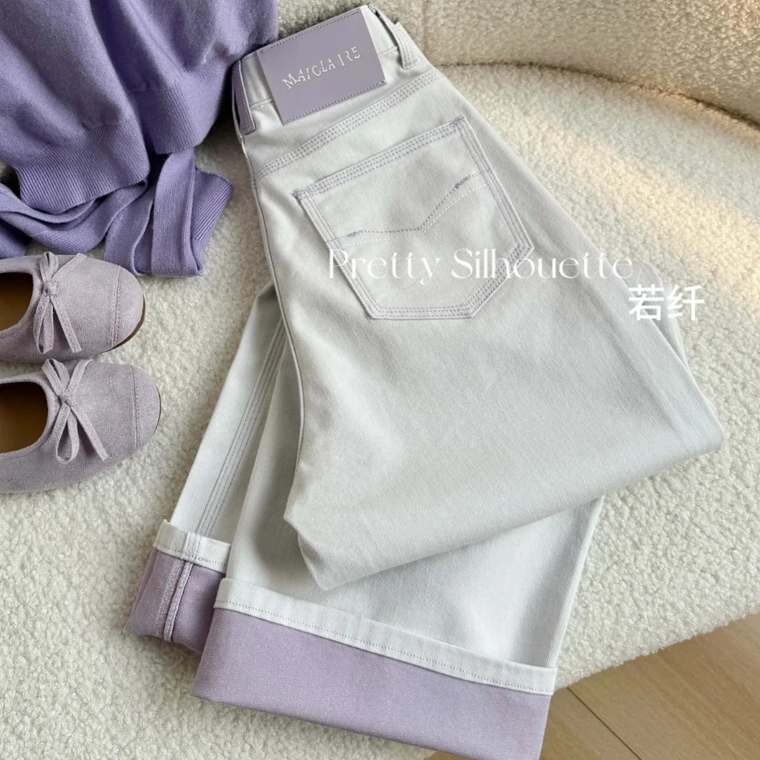 夏季新款烟如紫春夏牛仔裤阔腿牛仔裤直筒裤女裤九分裤子