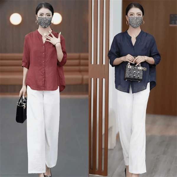 夏季新款时尚休闲百搭减龄中袖衬衫女宽松洋气百搭显瘦设计感衬衣