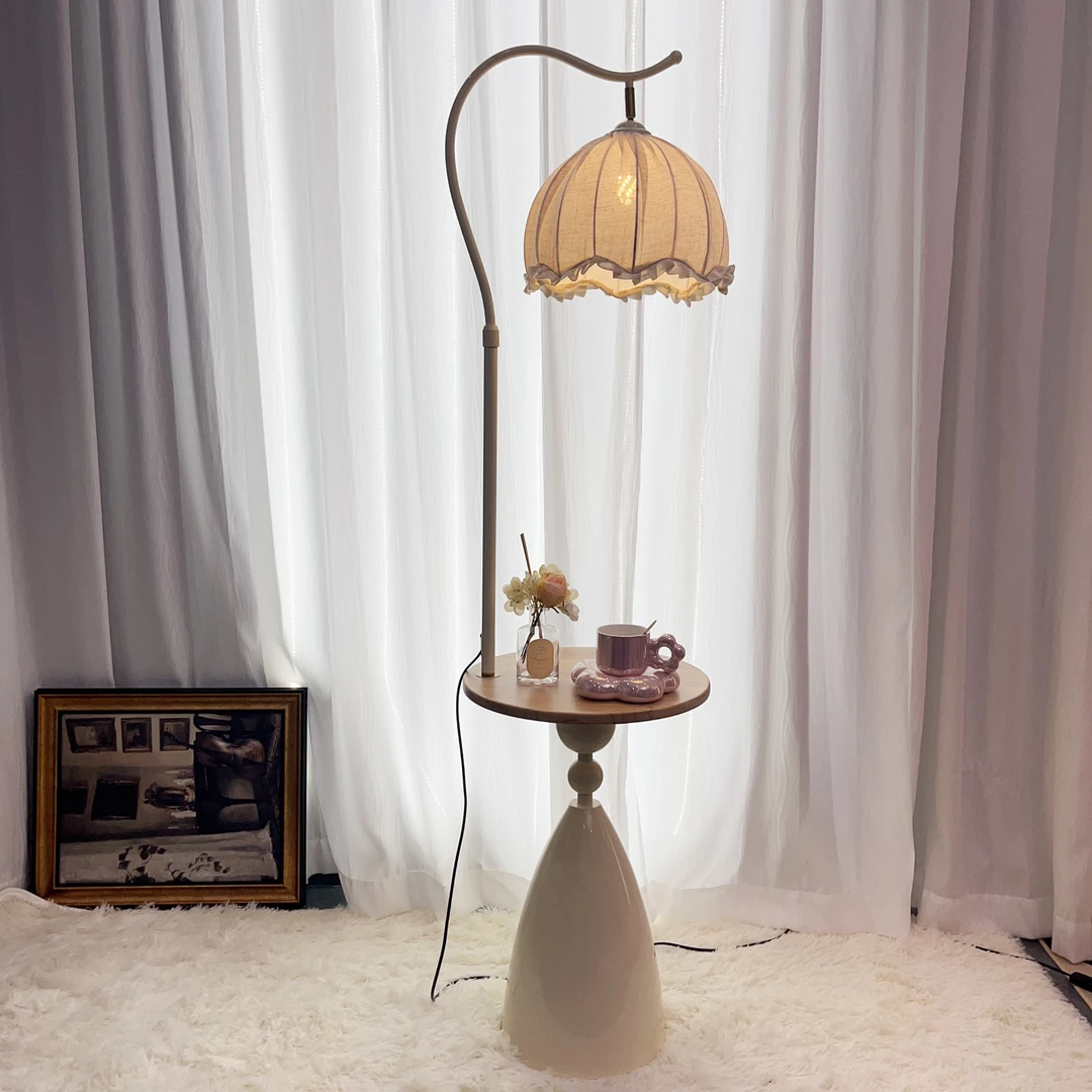 奶油风置物架落地灯一体客厅沙发旁边几卧室床头柜氛围感立式台灯