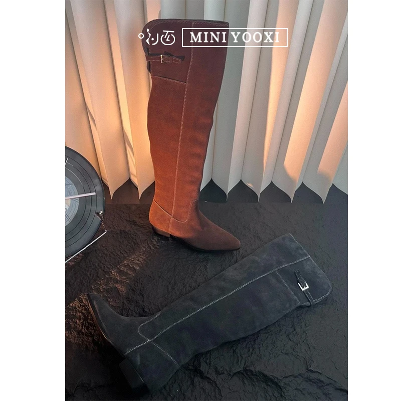 【年终清货/NO退NO换】（583-1）粗跟过膝靴女爆款低跟尖头绒面骑士靴