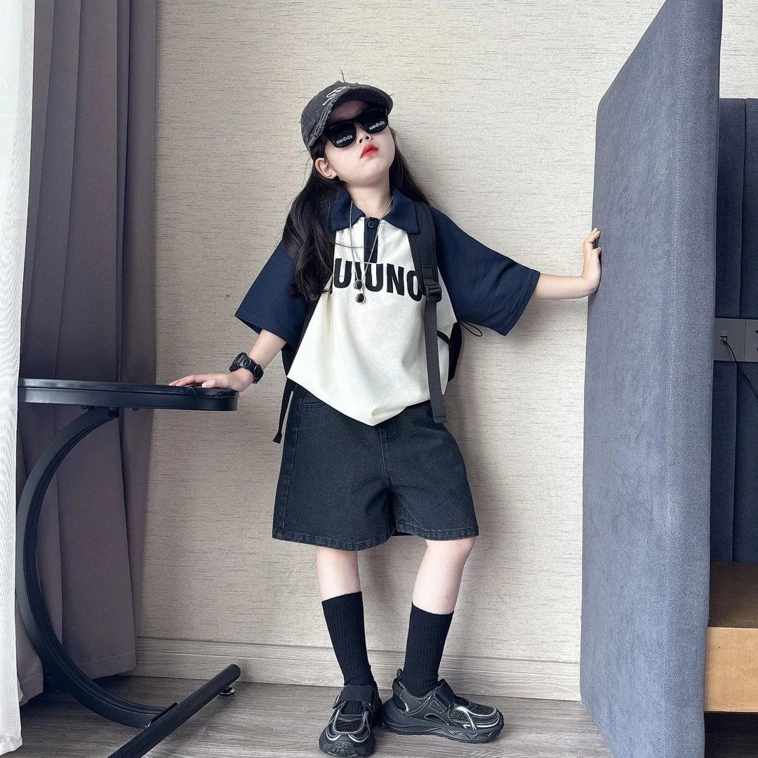 男女童夏季洋气插肩袖珠地棉polo衫T恤中大童宽松百搭牛仔短裤潮