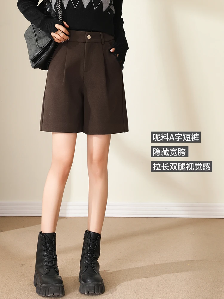 咖色毛呢短裤女秋冬季外穿靴裤2025新款直筒宽松中裤美式五分裤子