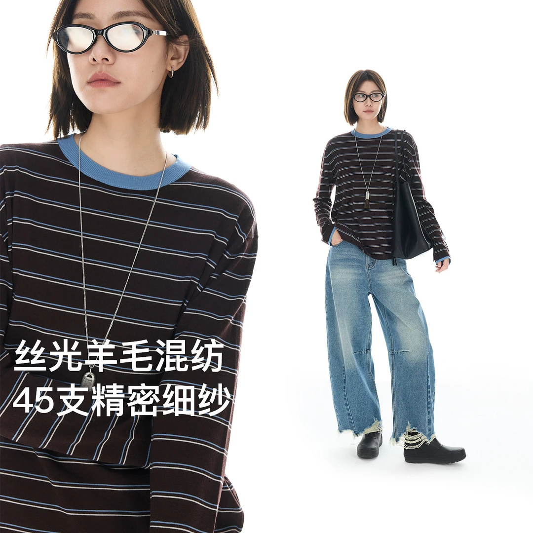 CLOUDSPACE/云上生活【织梦】丝光羊毛条纹针织衫女2025秋落肩上衣