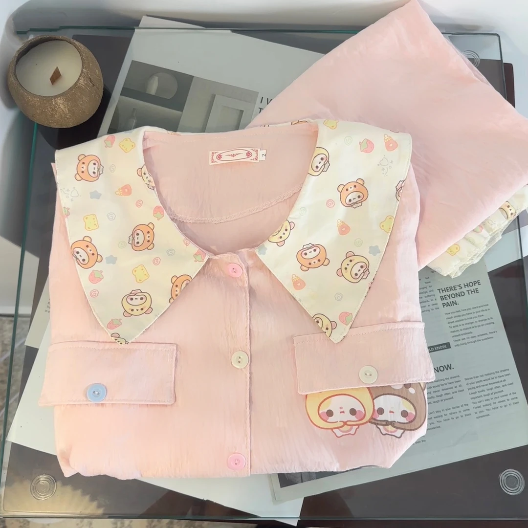 粉色小熊秋季云朵棉睡衣女娃娃领卡通可爱长袖长裤春秋休闲家居服