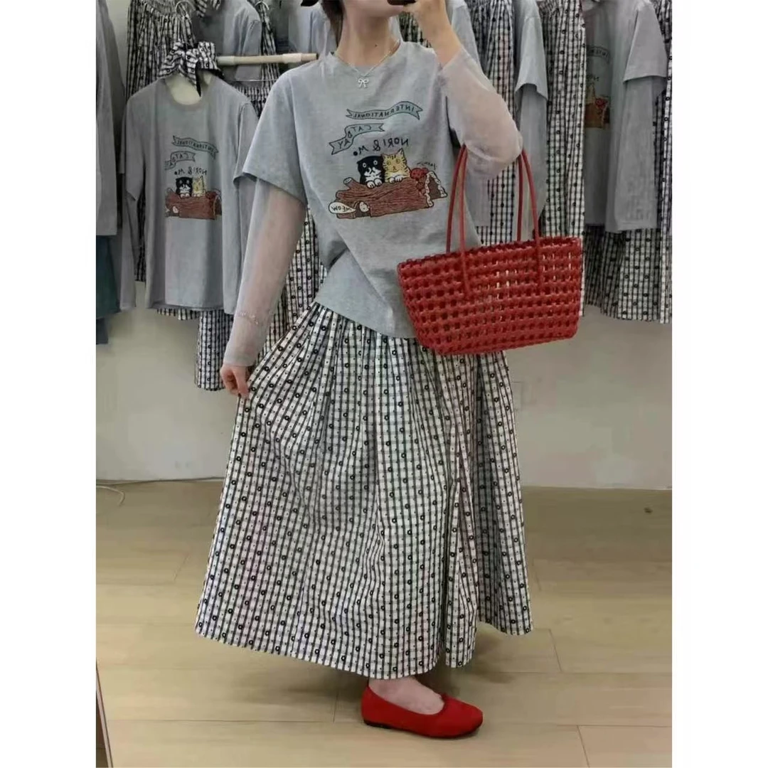 루루가−（UU）韩国东大门蕾丝长袖T恤女夏季宽松显瘦半身裙三件套装女