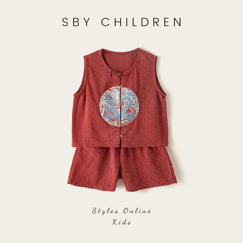 夏季中国风男孩新中式无袖套装儿童古风宝宝短袖女孩复古薄款国潮