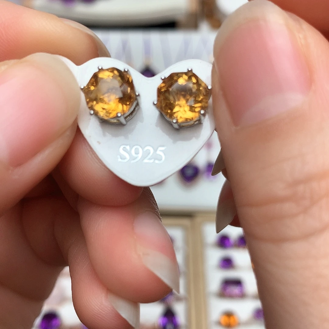 耳饰黄晶银S925镶嵌L银白托