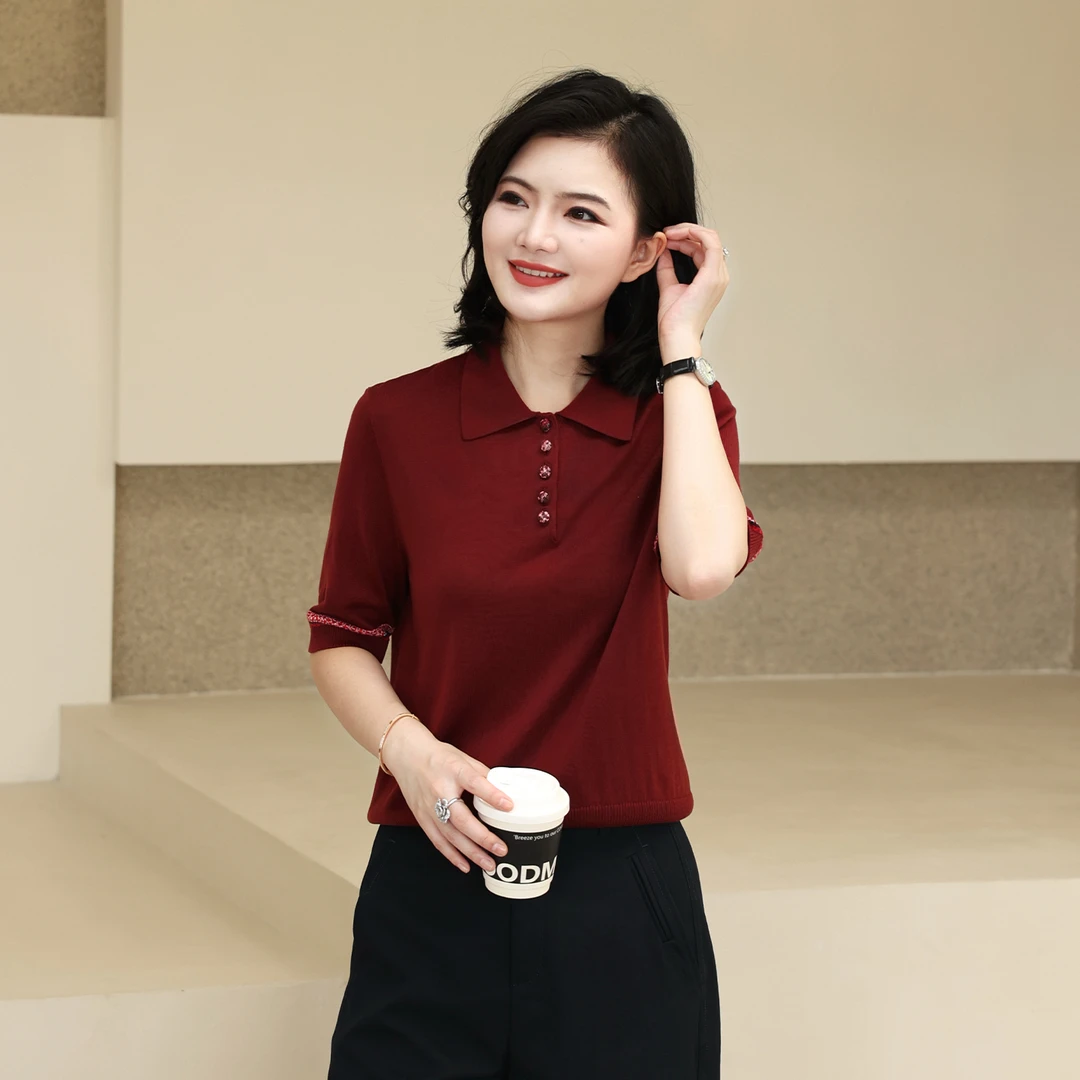 枫竺阿楠anan100莱赛尔气质Polo领提花休闲针织衫女秋套头上衣