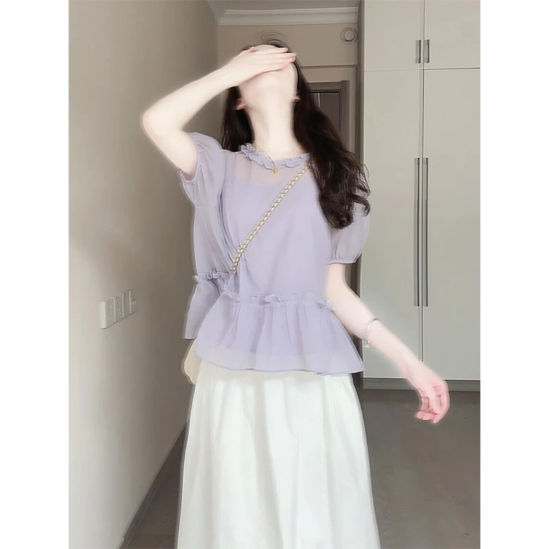 夏季新款甜美花边防晒娃娃衫薄款小衫搭配宽松百搭半身裙女两件套