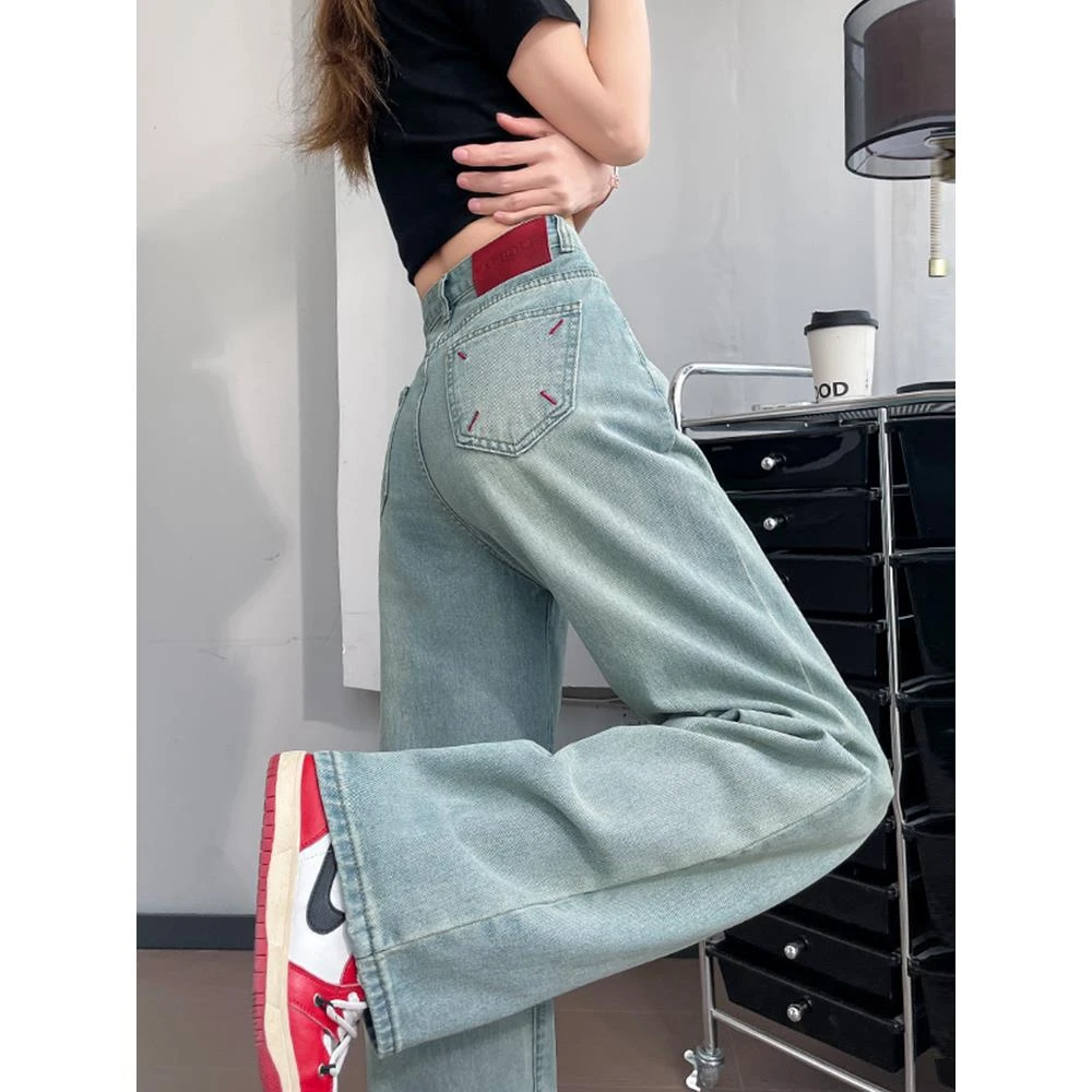 欧美风复古韩版高腰阔腿牛仔裤女刺绣宽松显瘦小个子直筒裤子百搭