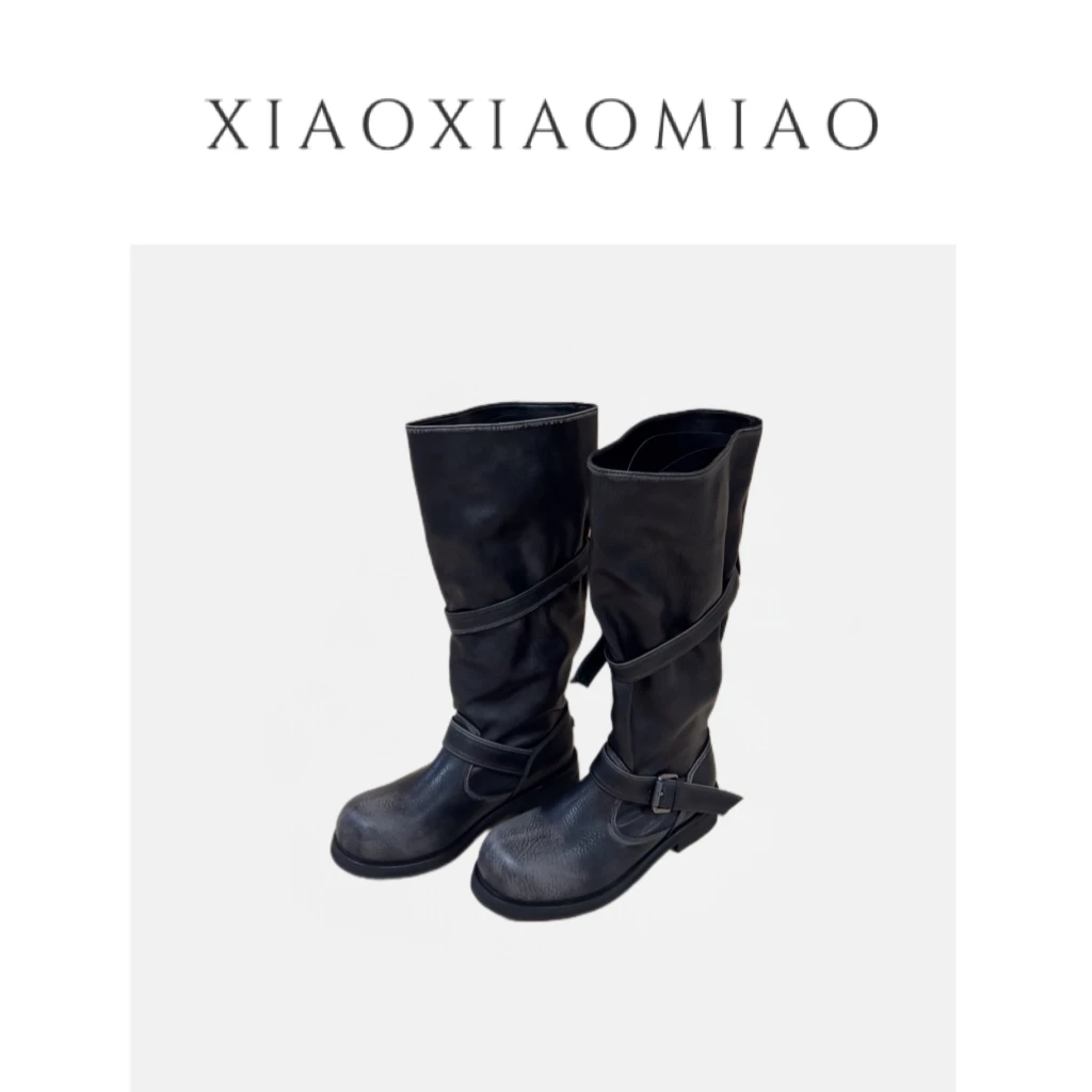 XIAOXIAOMIAO甜酷Girl～粗跟做旧擦色骑士靴女显瘦圆头不过膝长靴
