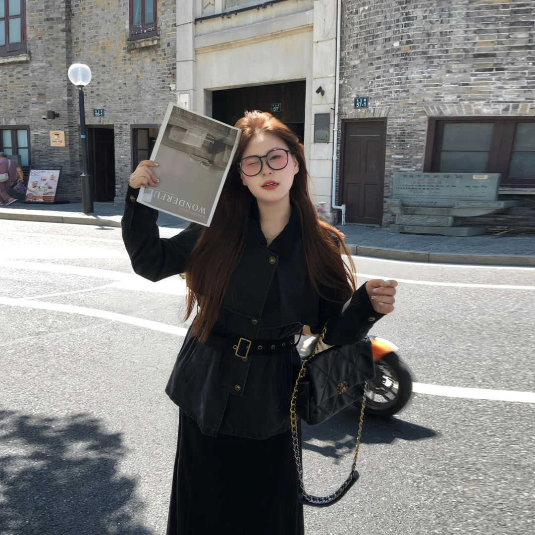 南岛风大码女装秋季新款胖mm复古牛仔外套灯芯绒半裙套装ZYY2211