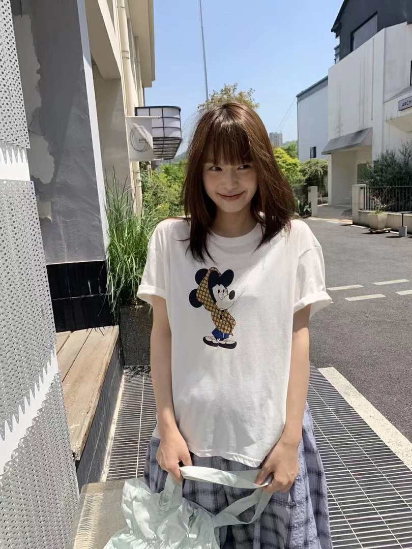 韩系文艺清新简约百搭款米奇印花t圆领套头短袖T恤  16862