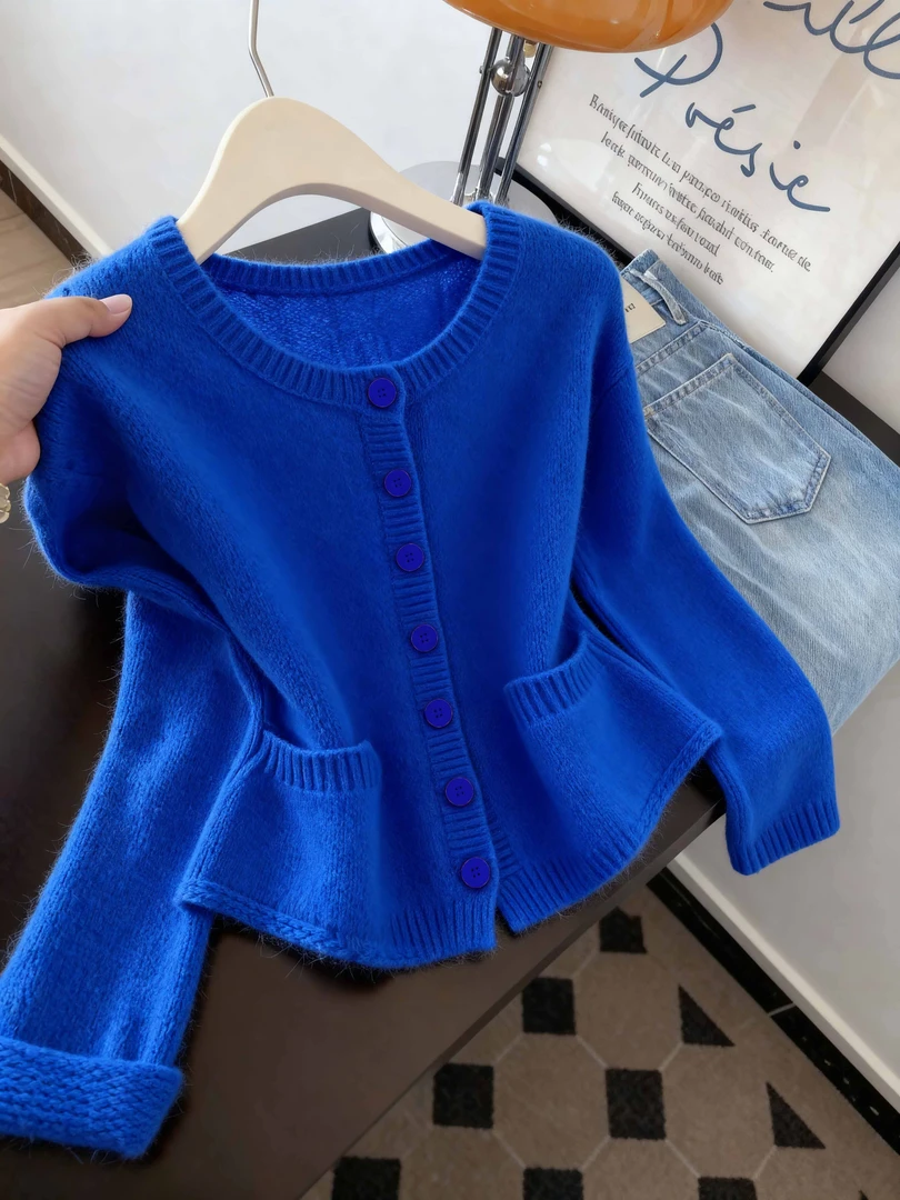 克莱因蓝秋装洋气宽松显瘦毛衣开衫外套2025新款高级感气质毛针织