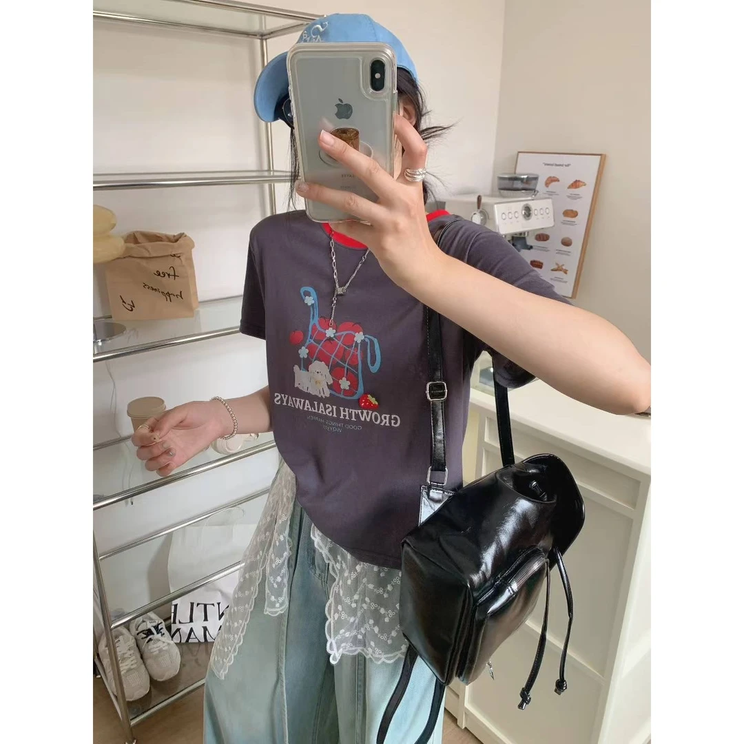 新款韩版简约撞色领卡通狗狗短袖T恤A2021