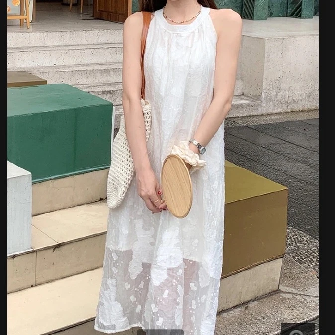 6510公主风挂脖式纯色露肩无袖连衣裙中长款小众复古性感