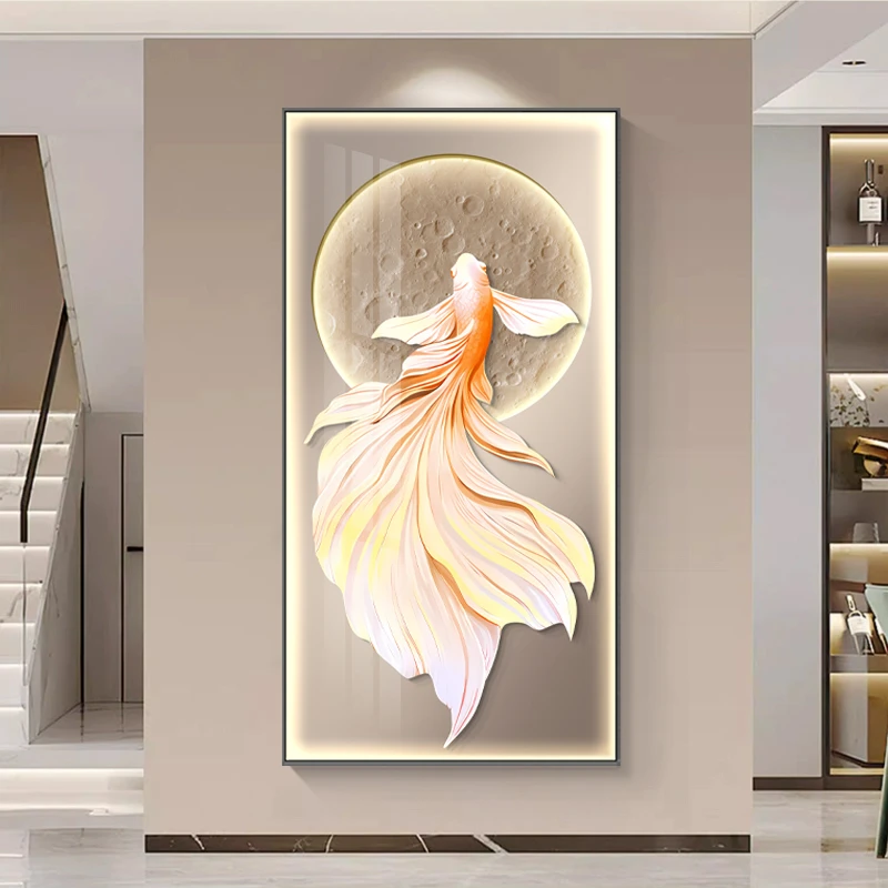 2025新款鱼入户玄关装饰画客厅沙发靠墙壁画走廊过道氛围灯画锦鲤