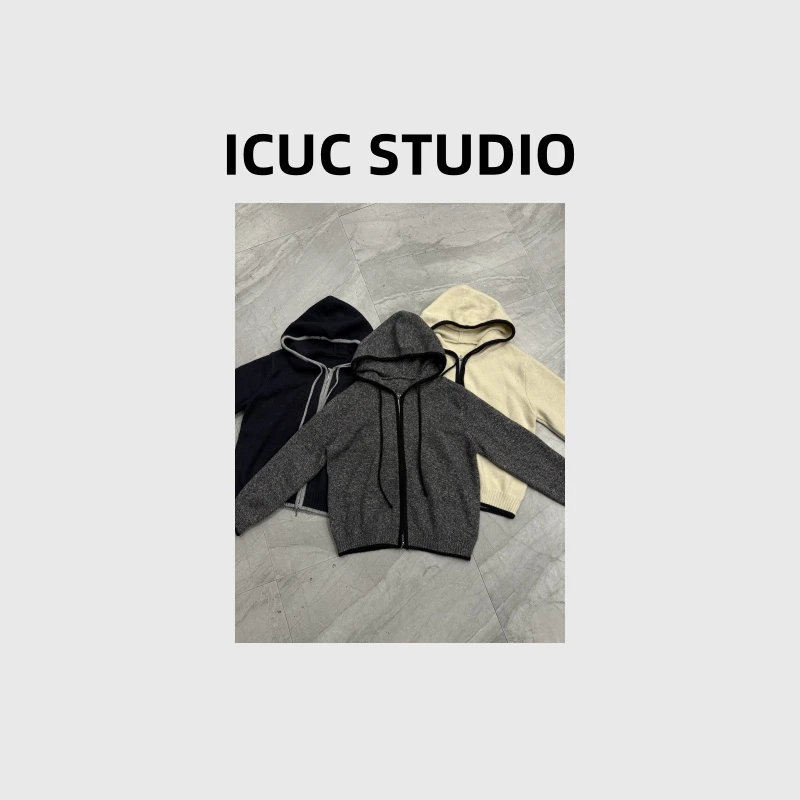 ICUC STUDIO-"连帽长袖开衫上衣"休闲风百搭撞色针织上衣Y137