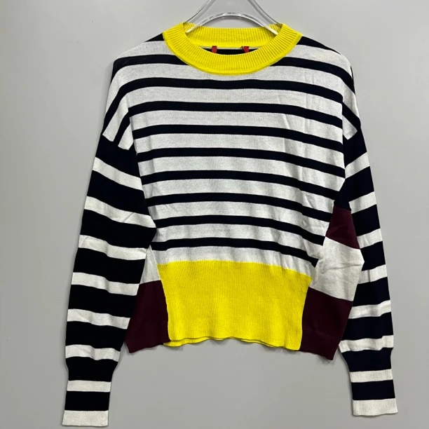 2506048桑蚕丝混纺圆领条纹针织上衣女拼接色潮流长袖25春夏新款