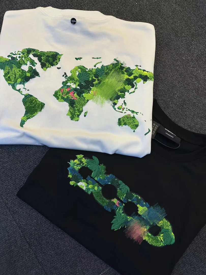 夏季新款立体绿植地图重工刺绣宽松短袖T恤潮牌时尚男士圆领t恤