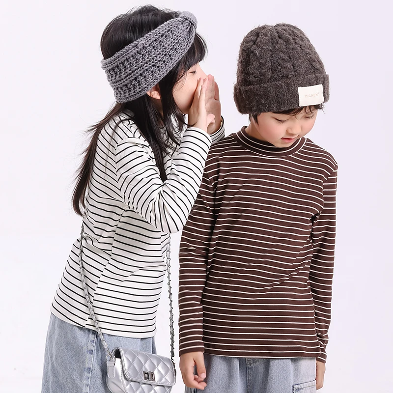 2025冬新款儿童半高领百搭德绒打底衫男女童糯糯撞色条纹保暖上衣