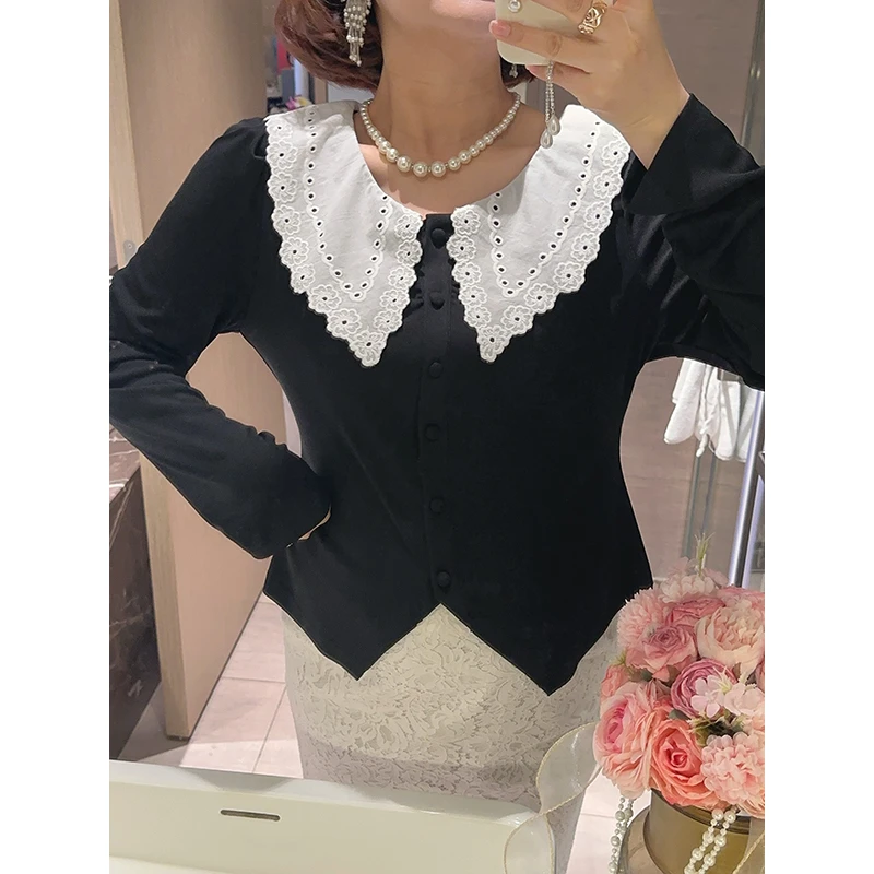 【DIS 现货】【蓝海暮色】春季气质娃娃领蕾丝拼接针织T恤Z525C01778