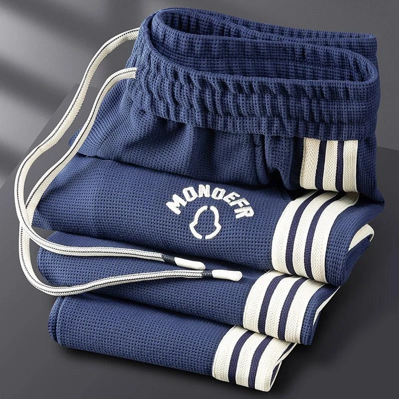 秋冬高端厚款华夫格运动裤男小直筒修身欧货刺绣休闲卫裤男士长裤