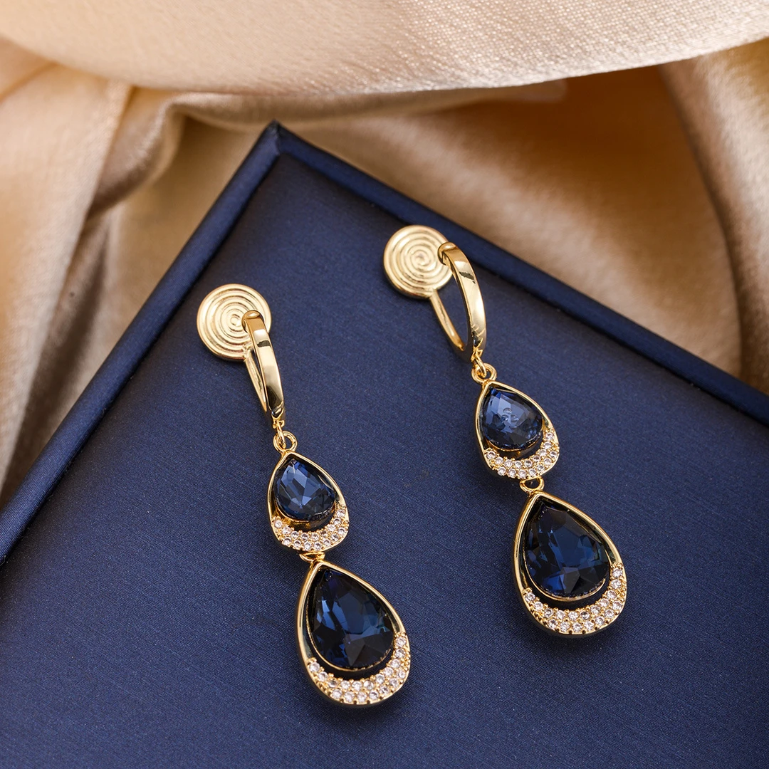 铜合金耳饰 【无耳洞耳夹】高级感蓝水晶水滴隐形蚊香盘耳夹显脸瘦