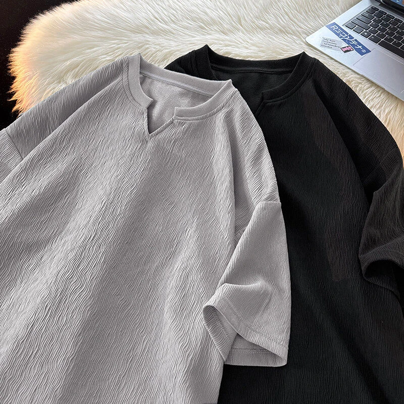 夏季V领纹理感宽松短袖T恤男生百搭潮流纯色简约休闲短袖上衣