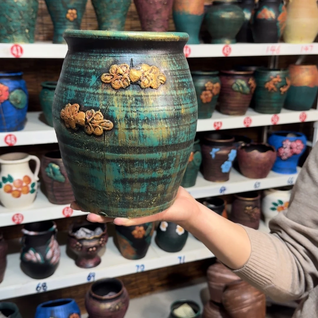 红陶红陶浮雕花盆炸炸炸